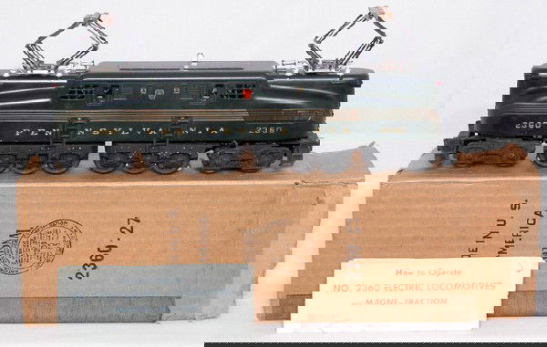 Nice Lionel 2360 green 5 stripe PRR GG1, OB: Lionel 2360 five stripe green GG1, really nice 97% stripes, very lightly run engine is C8-9. OB is correct 2360-25, C8-9 with insert, wrap and inst. sheet