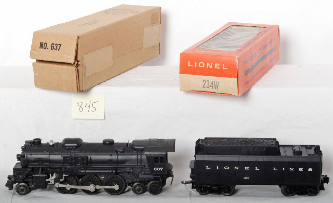 Lionel 637 steam loco and 234W tender in OB: Postwar Lionel O gauge 637 steam locomotive and 234W whistle tender in original boxes. Loco has tiny touchups to dome, otherwise looks test run C8-9, tender looks unrun C9-10. Boxes look C8.