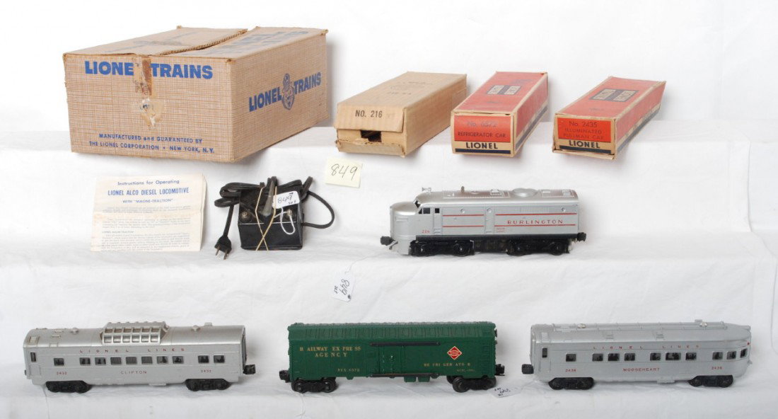 Lionel PW set in OB 1600? 216, 6572, 2432, 2436: Postwar Lionel O gauge diesel Alco passenger set in original box. Set is composed of: 216 Burlington diesel Alco A unit, with missing piece of pilot and with instructions sheet, 6572 REA refrigerator