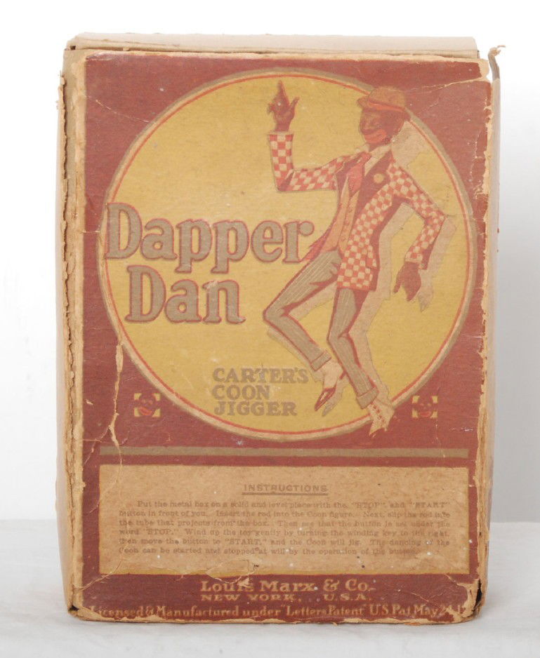 Louis Marx & Co. Dapper Dan, CarterÕs Coon Jigger: Louis Marx and Co. Dapper Dan, CarterÕs Coon Jigger mechanical toy, empty original box, no toy. Box has split edges and corners, missing one end panel of box and some inner tape repairs. Box is still