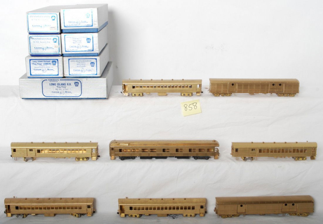 NJ Custom Brass PRR HO gauge passenger cars in OB: Brass HO gauge NJ Custom Brass Pennsylvania Railroad passenger cars in original boxes, except one train, ranging C8 to C10. Long Island PRR Ping Pong MU set three cars, missing two in OB with good foa