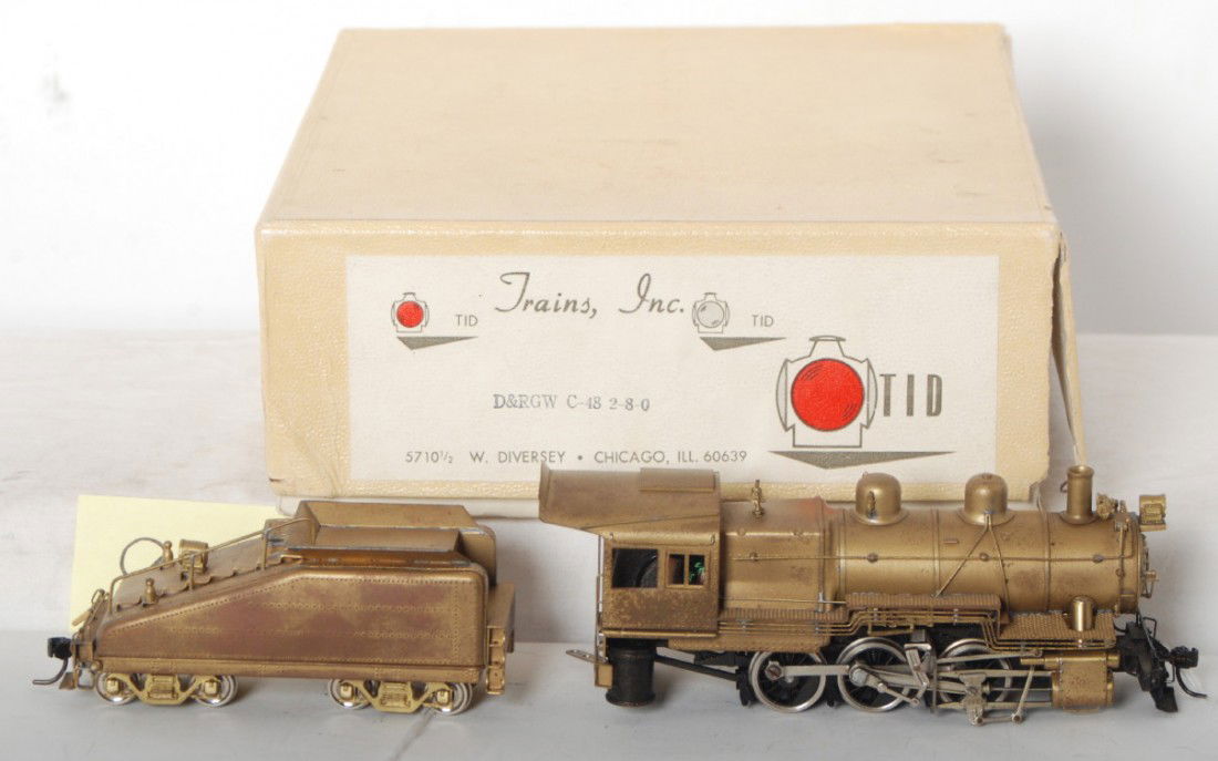 TID Trains Inc. D&RGW C-48 2-8-0 steam loco in OB: Brass HO gauge TID Trains Inc. D&RGW C-48 2-8-0 steam locomotive and tender with light tarnish C8 area, in original box. Box lid has split corners, good bottom and foam.