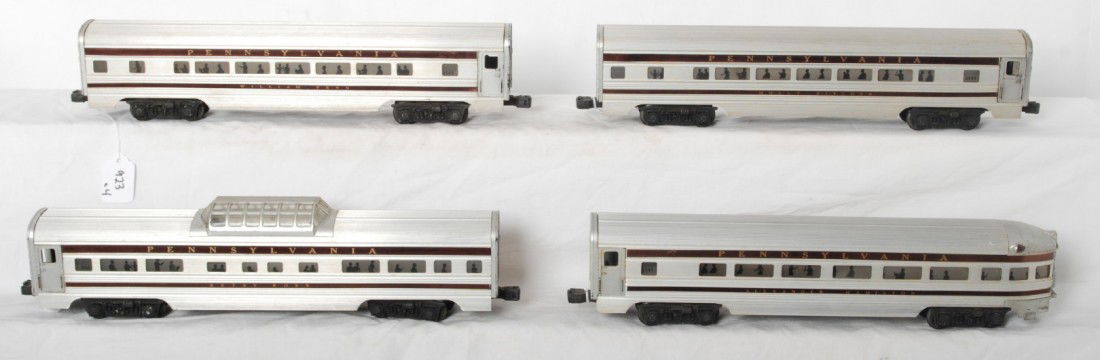 Lionel 2541, 2542, 2543, 2544 Congressional passen: Postwar Lionel O gauge Pennsylvania Congressional illuminated aluminum passenger car set with 2541 Alexander Hamilton observation, 2542 Betsy Ross vista-dome, 2543 William Penn Pullman, and 2544 Molly