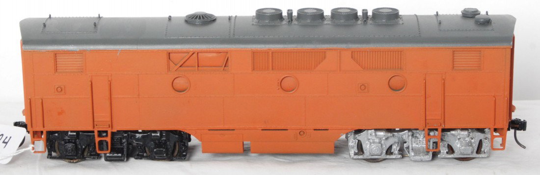 All Nation powered F3 B unit: O scale two rail All Nation powered B unit. Unit upgraded with double power 9000 motor with fly wheels and weights. Unit has been painted and is C8 area with run time. See photos for best description.
