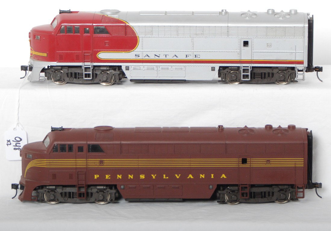 O Scale Riverossi PRR and Santa Fe 1600 HP locos: O scale two rail Riverossi Fairbanks-Morse 1600 HP diesel locomotives. Includes Pennsylvania and Santa Fe. Locos are C7-8 with a few small paint scratches.