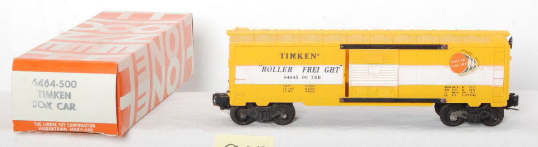 Lionel 6464-500 Timken boxcar IV in OB unrun: Postwar Lionel O gauge 6464-500 Timken boxcar type IV body. Rust/oxidation on door guide rivets and truck assemblies, unrun trucks. Body should clean C9 area. Hagerstown two comma box with tiny tear a