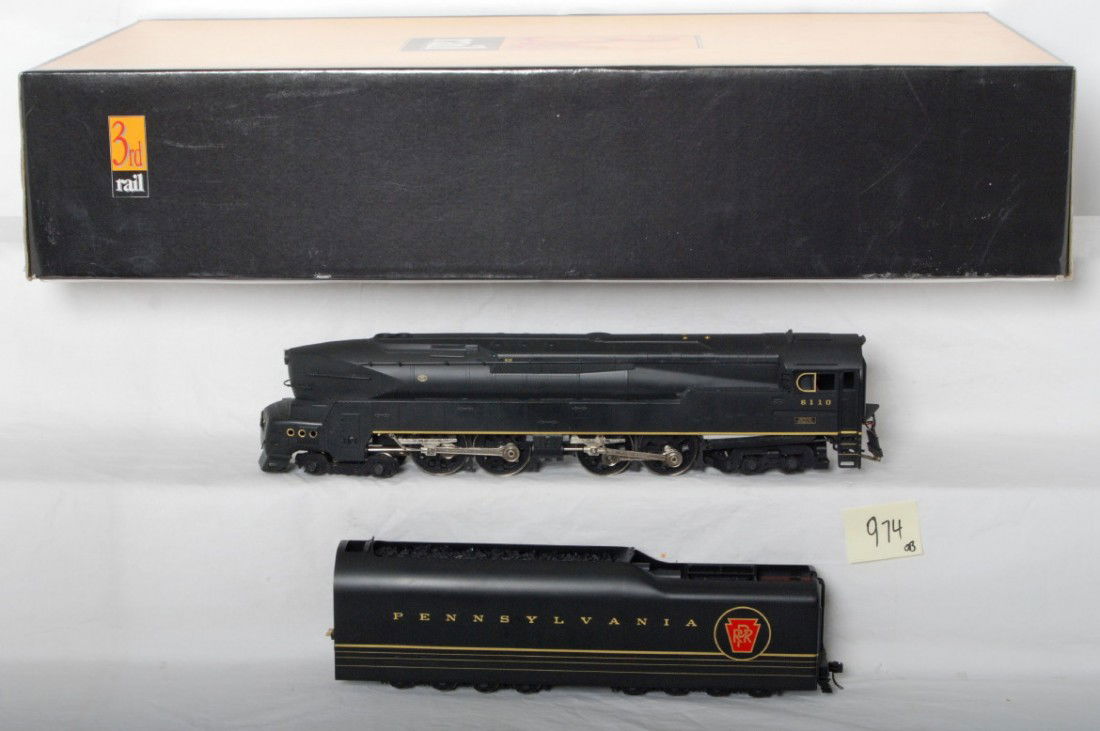 3rd Rail Pennsylvania T-1 steam locomotive: 3rd Rail O scale brass Pennsylvania T-1 steam locomotive in OB. Loco is the long nose version #6110. Two rail version in very nice C8-9 condition with some tun time. OB has some very light corner wear