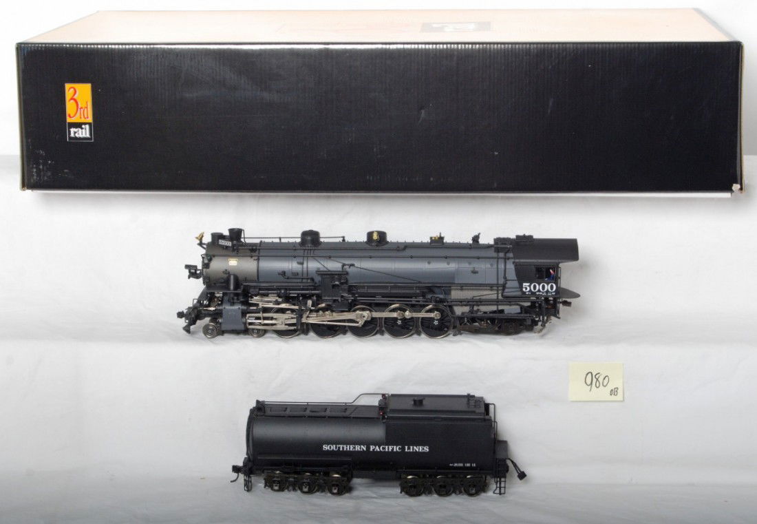 3rd Rail Southern Pacific 4-10-2: 3rd Rail O scale brass Southern Pacific 4-10-2 steam locomotive in OB. Loco is SP-1 with gray boiler. Cab number is 5000. Loco has had weight and 420SR decoder installed. Loco is C8-9 with run time.