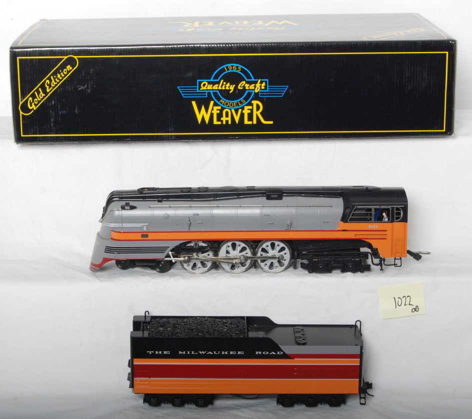 Weaver brass Milwaukee Hiawatha Hudson: Weaver O scale two rail Milwaukee Road Hiawatha Hudson steam locomotive in OB. Loco has been remotored and has NWSL gear box installed along with additional weight. Loco is C8 with a few small paint c