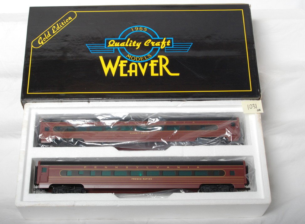 Weaver Pennsylvania fleet of modernism pass two p: O scale two rail Weaver Pennsylvania fleet of modernism passenger car two pack add on set in OB. Set is G1604-S and it is two rail. Cars are C8 with run time. OBs has light corner and edge wear.