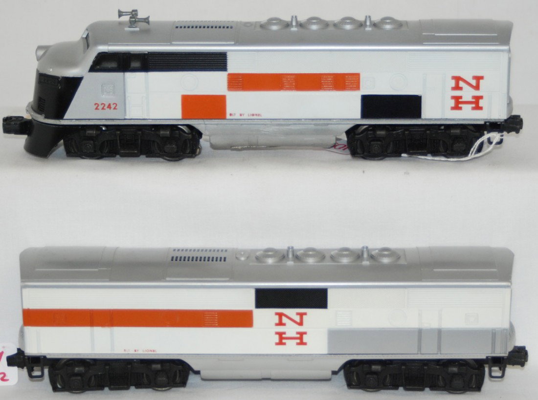 Nice Lionel 2242 New Haven F3 AB units: Lionel postwar O gauge 2242 New Haven F3 AB units, great original heat stamp lettering, C7-8.
