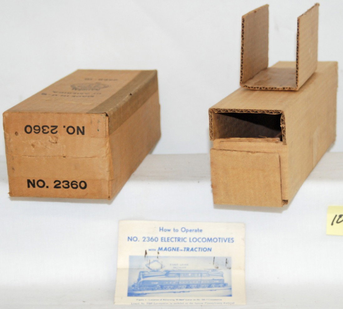 Lionel 2360-10 original box only for GG1: Lionel postwar O gauge 2360-10 Pennsylvania GG1 original box only, dated 1956, factory sealed on one end, both original inserts and correct instruction sheet. C8-9.