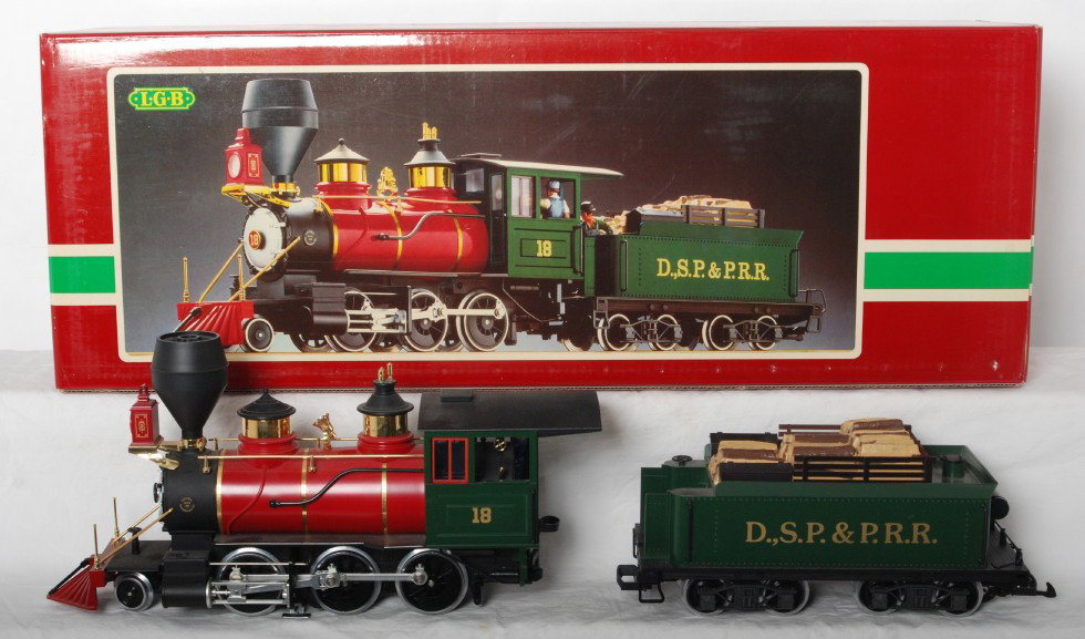 LGB 2018 D DSP&PRR Mogul locomotive: LGB modern G scale locomotive in OB. Loco is 2018 D DSP&PRR. Features smoke and lights. Loco is C8-9 with some light run time. OB shows some light shelf wear. Engineer figure is loose from cab but is 