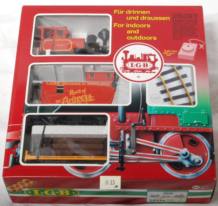 LGB 73414 Lake George & Boulder set: LGB modern G scale 73314 Lake George and Boulder starter set in OB. Set is C8-9 and includes track and transformer. Set box has some very light water damage on one corner and one plastic window with a