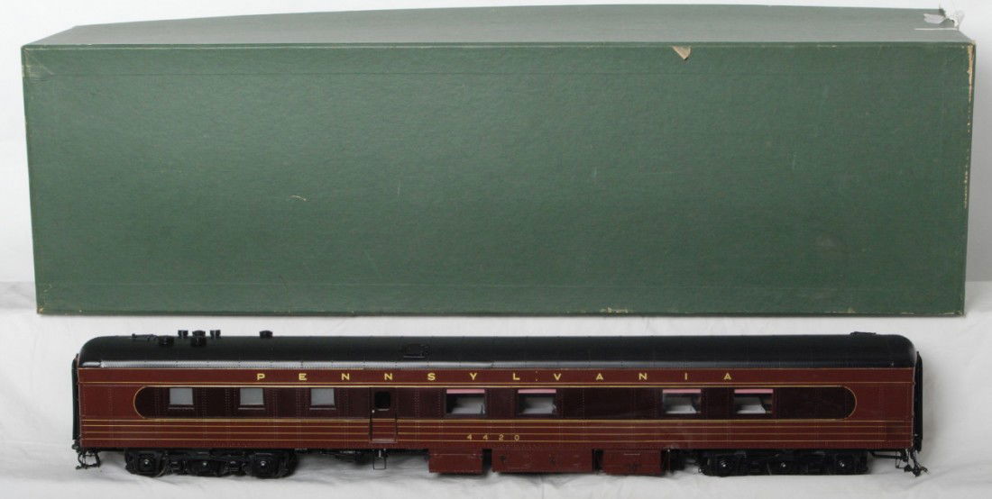 Fine Art Models Pennsylvania one gauge diner: Fine Art Models modern G scale / one gauge Pennsylvania Broadway Limited Fleet of Modernism diner in the OB. Model was produced by Kohs for Fine Art Models and is C9 condition appears displayed only.