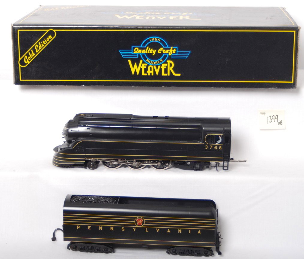 Weaver O scale brass Pennsylvania Torpedo: Weaver modern O gauge Pennsylvania brass Torpedo steam locomotive in OB. Loco features smoke, detailed cab, electric E unit and more. Loco is C8-9 with very light run time.