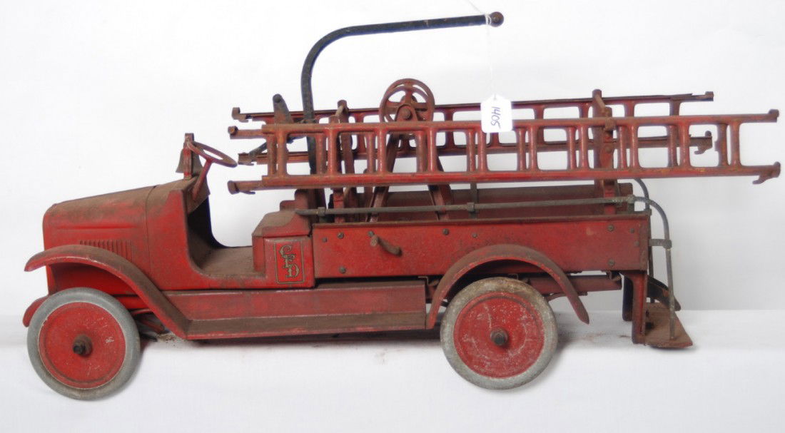 Buddy L Hook & Ladder Fire Truck and Wrecking Car: Buddy L No. 205 Hook & Ladder Fire Truck and Wrecking Car with rear ladder support bracket and four ladder sections, C5.