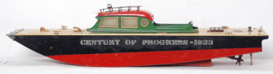 Orkincraft Scale Model Boats Century of Progress : Orkin Craft Scale Model Boats, some type of cabin cruiser/speed boat with Century of Progress-1933 on both sides of hull. Boat has what appears to be minor older repairs to hull and some cracking to d