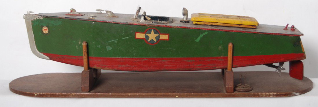 Orkin Craft wood construction speed boat Californ: Kit built? Orkin Craft speed boat constructed of wood with metal trim parts. Interior of hull has motor mount and propellor mount/output shaft installed. Boat appears to be original with all original 