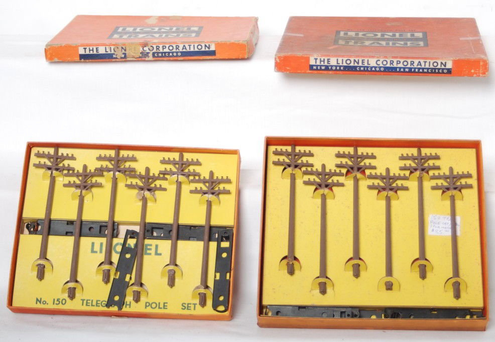 Two variations Lionel No. 150 telegraph pole set in: Postwar Lionel O gauge No. 150 telegraph pole set in original box, two variations (different boxes), C6. One box lid has split corners and masking tape, otherwise boxes are square and solid.