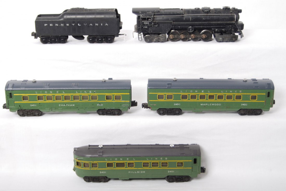 Lionel 681, 2471W PRR tender, 2400, 2401, 2402: Postwar Lionel O gauge 681 steam locomotive with smoke (touchups to lettering) and 2471W Pennsylvania whistle tender and 2400 Maplewood Pullman, 2401 Hillside observation (hairline in roof), and 2402 