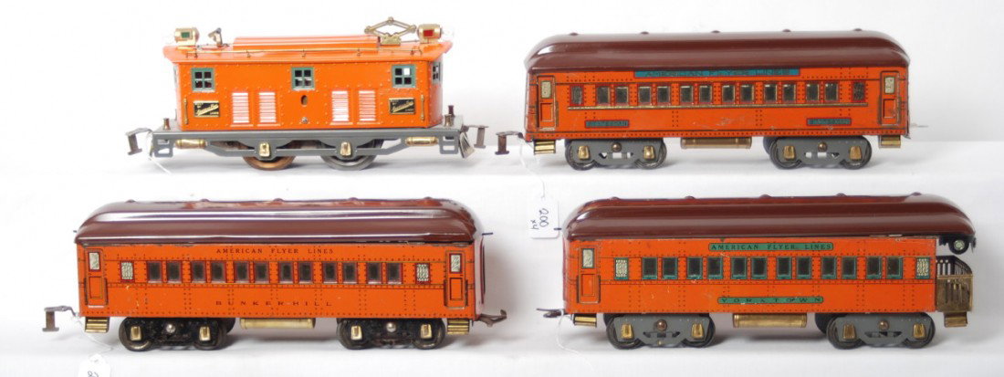 American Flyer 4654 M/C, Statesman, Bunkerhill, Yo: Postwar American Flyer standard gauge repainted and partially restored passenger trains. 4654 M/C electric locomotive with Statesman coach, Bunkerhill coach, and Yorktown observation. Trains look nice