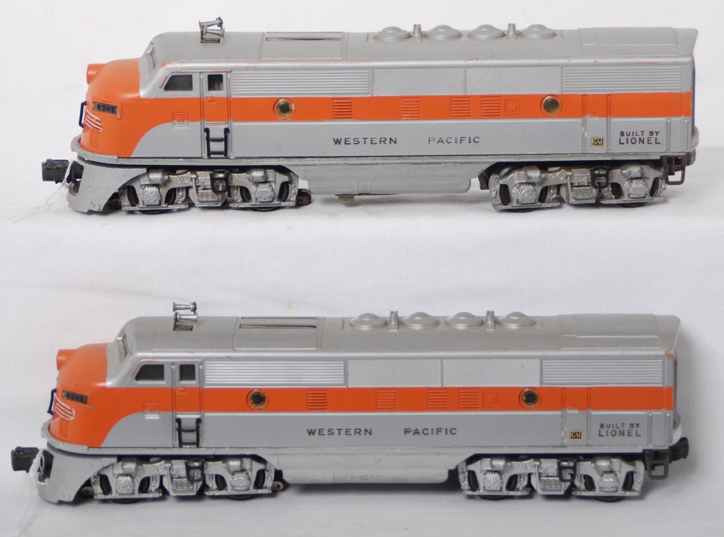 Lionel 2345 Western Pacific EMD F3 diesel A-B unit: Postwar Lionel O gauge 2345 Western Pacific EMD F3 diesel A-B units with touchups and some repainting, C6 area. Perfectly clean battery compartment.