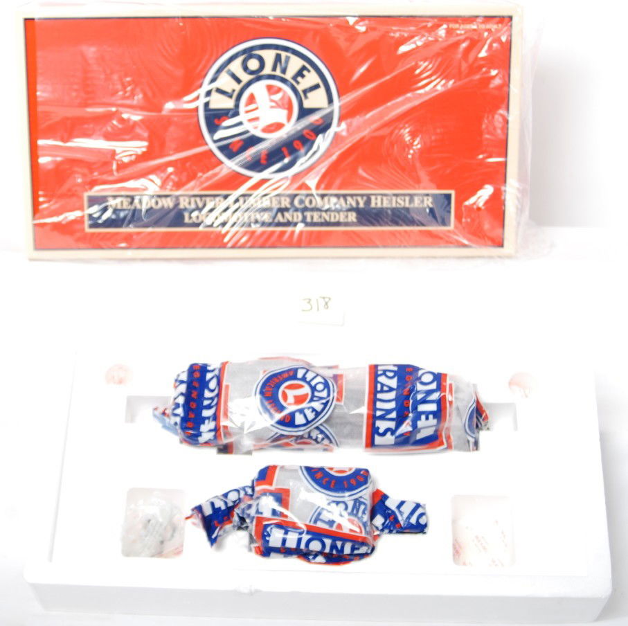 Lionel 38027 Meadow River Lumber Heisler: Lionel modern O gauge 38027 Meadow River Lumber Heisler in OB. Loco features TMCC, Railsounds, Electrocoupler, fan driven smoke unit and much more. Loco is factory wrapped C10.