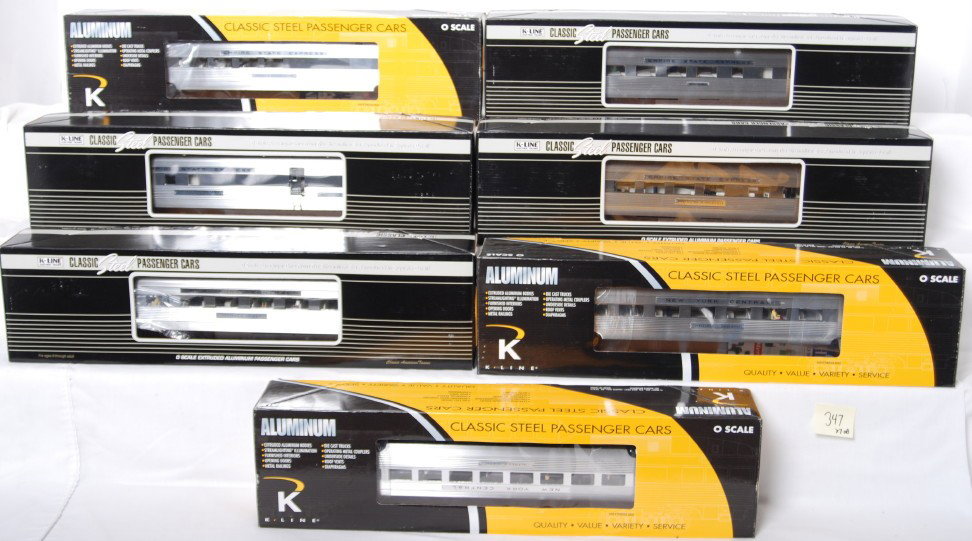 K Line 21 inch Empire State NYC 7 car set: K Line modern O gauge New York Central Empire State Express seven car passenger set in OBs. These are the tough 21 inch cars. Seven cars include 45201 Alonzo Cornell RPO, 40688 John Jay diner, 40054 R