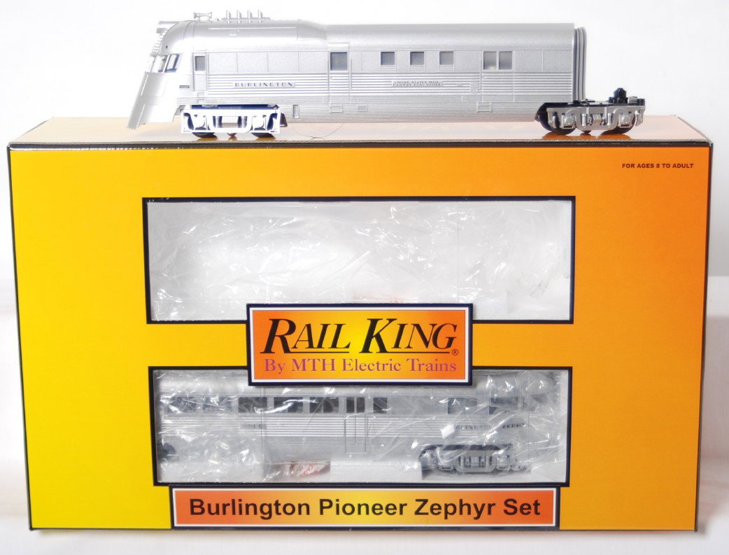 MTH Railking Burlington Pioneer zephyr: MTH Railking modern O Gauge Burlington Pioneer Zephyr in OB. Catalog number is 30-2186-1. Set features Protosound. Set is C8 with run time.