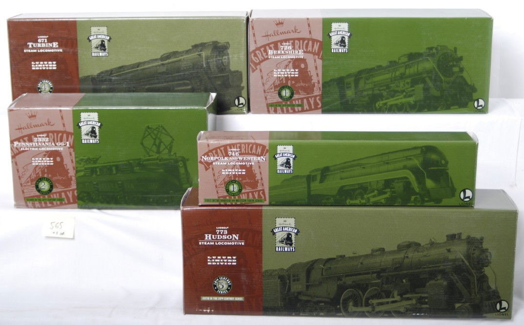 5 Hallmark Lionel Great American Railways locos: Five Hallmark Lionel Great American Railways locomotives in OBs. Includes 2332 Pennsylvania GG1, 746 Norfolk and Western J class, 671 Pennsylvania steam turbine, 726 Berkshire, and 773 New York Centra