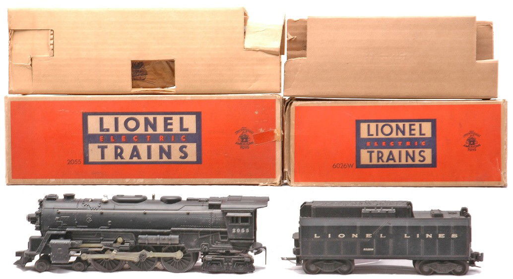 Lionel 2055 Steam Loco 6026W Tender LN OBs: Lionel postwar 2055 black 4-6-4 steam loco with a 6026W tender both in OBs that have original cardboard inserts. Also included is original paper wrap for the loco. The loco and tender are C8. The OBs