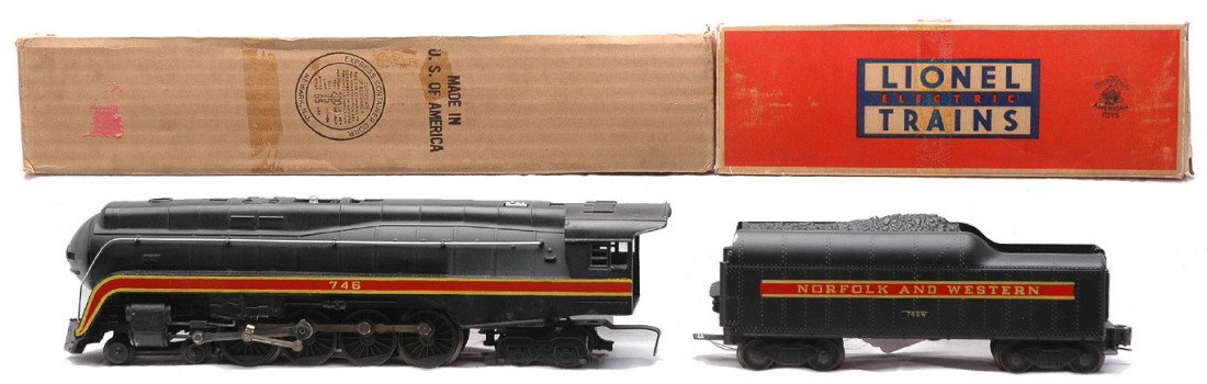 Lionel 746 N&W Class J Northern Loco 746W: Lionel postwar 746 Norfolk & Western 4-8-4 Class J Northern loco with a 746W tender both in OBs. The plastic lens is loose inside the boiler front of the loco. Other than some box rubs the loco and te