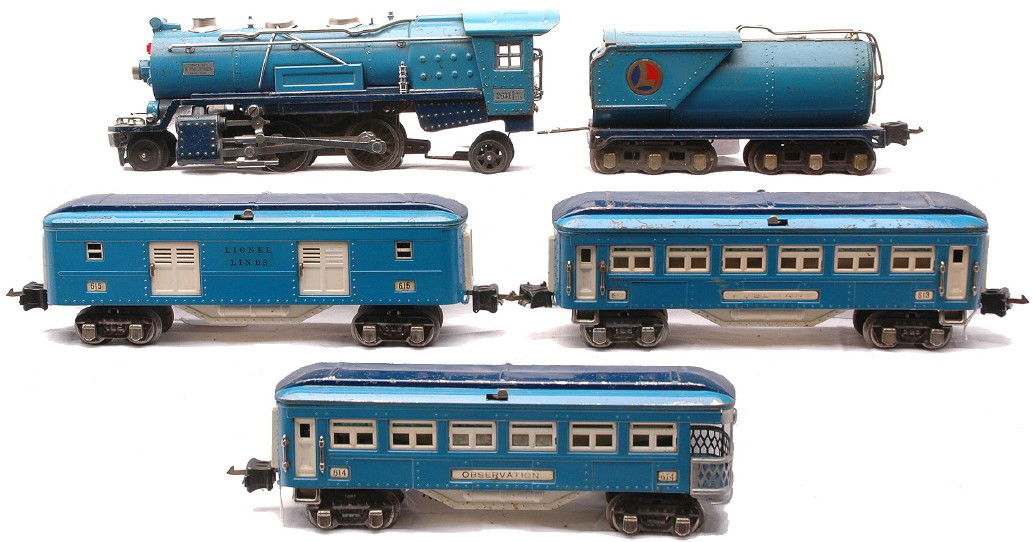Lionel Blue Comet Set 283W 263 263W 615 613 614: Lionel prewar O gauge Blue Comet passenger set 283W containing; 263 steam 2-4-2 loco, 2263W tender, 615 baggage, 613 Pullman and a 614 observation. The cars have white inserts and nickel journals. The
