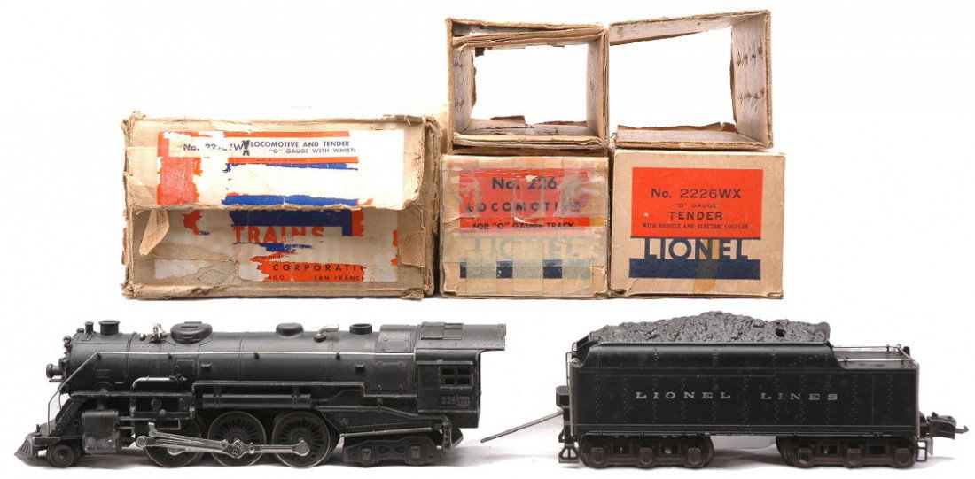 Lionel 2226EWX 226 Loco 2226WX Tender OBs: Lionel prewar O gauge 226 black 2-6-4 steam loco and a 2226WX tender both in OBs with original cardboard inserts and a hard to find outer master carton numbered 2226EWX. The loco is C7-8 and the tende