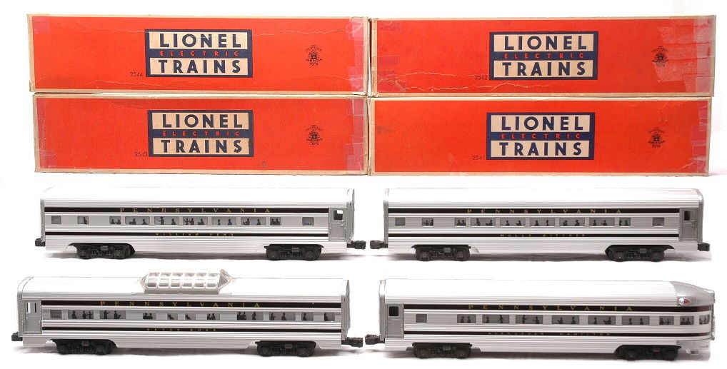 Lionel PRR Congressional 2543 2544 2542 2541 OBs: Lionel postwar Pennsylvania Congressional aluminum passenger cars including; 2543 William Penn Pullman, 2544 Molly Pitcher Pullman, 2542 Betsy Ross vista dome and a 2541 Alexander Hamilton observation