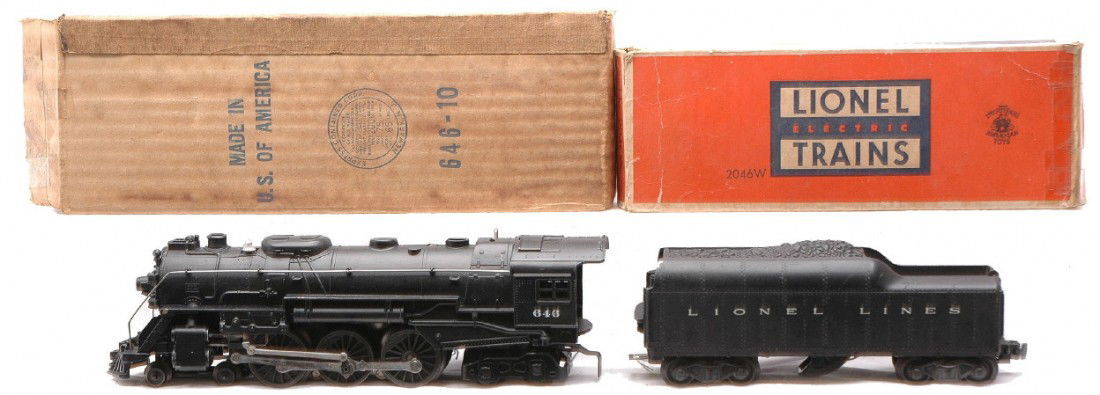 Lionel 646 Steam Loco 2046W Tender Boxed: Lionel postwar 646 black 4-6-4 steam loco and a 2046W tender both in OBs. The loco has been restored to look like new. The tender has two broken steps, otherwise is C7. The loco box has a reproduction