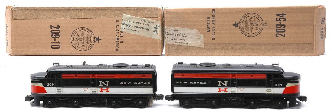 Lionel 209 New Haven Alco AA Diesel Units LN OBs: Lionel postwar 209 New Haven Alco AA diesel units both in OBs. Both nose decals are fully intact. Diesels are C8. The OBs have all flaps attached.