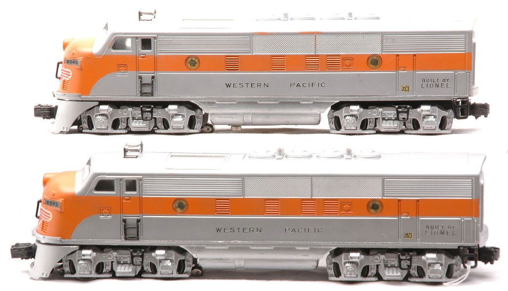Lionel 2345P/2345T Western Pacific F3 AA Units: Lionel postwar 2345P/2345T Western Pacific F3 AA diesel units in reproduction boxes. Both nose decals are intact. The locos have some minor nicks and box rubs, otherwise units are C6-7.