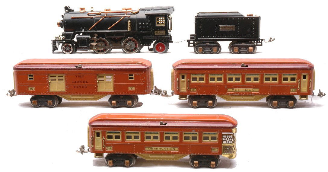 Lionel Terra Cotta Set 144E 262 262T 615 613 614: Lionel prewar O gauge terra cotta passenger set no. 144E including; 262 black 2-4-2 steam loco, 262T tender, 615 baggage, 613 Pullman and a 614 observation car. The loco and tender have brass and copp