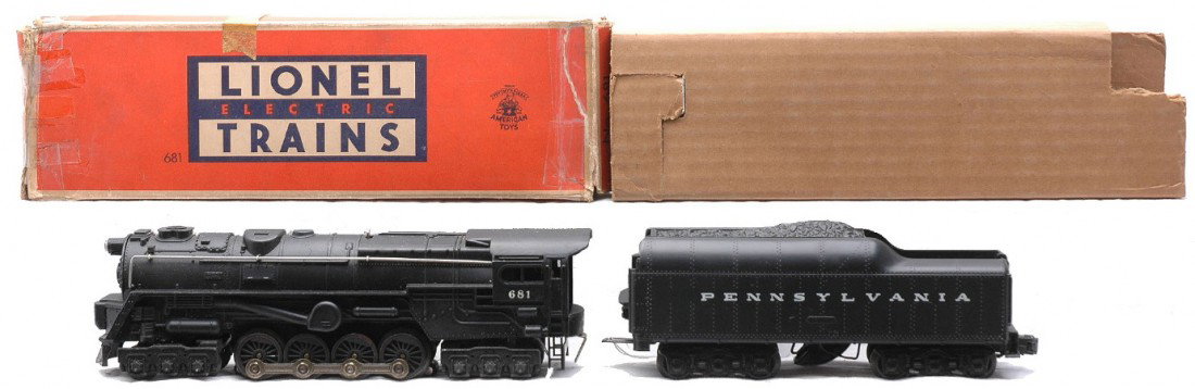 Lionel 681 Steam Turbine OB 2671W PRR Tender: Lionel postwar 681 black 6-8-6 steam turbine loco in OB with an original cardboard insert and a 2671W Pennsylvania tender in a reproduction box. The loco is C8 and the tender is C7-8. The loco OB is w