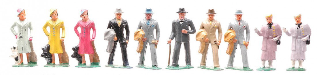 Barclay Figures Gentlemen Ladies Elderly Man: Barclay figures including; four men with coats over arms, three ladies with dogs, two ladies with purses and an elderly man with cane. Figures range in condition from having minor paint loss to like n
