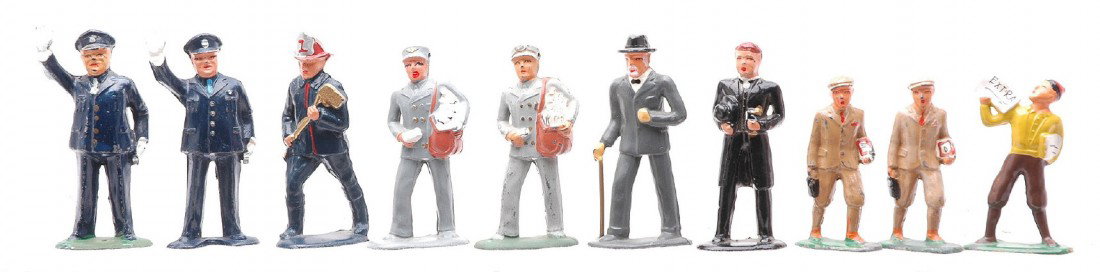Barclay Minister Police, Mailman Fireman Boys: Barclay figures including; minister, elderly man with cane, two mailmen, fireman, police officer, police officer with pod feet, two boys and a newsboy. Figures range in condition from like new to havi