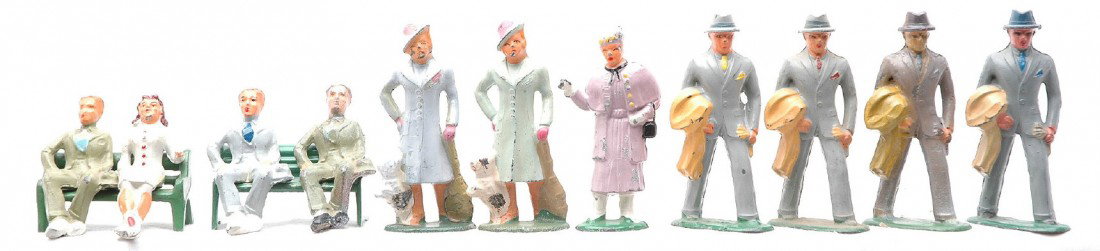 Barclay Figures Men Ladies Manoil Men on a Bench: Barclay figures including; four men with coats over arms, two ladies with dogs and lady with purse. Also included are two Manoil men and a man and a woman sitting on a bench. Figures have minor paint 