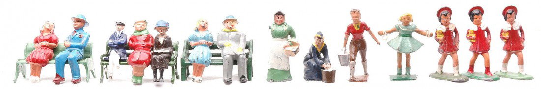 Selection of Barclay Figures Girls Benches: A selection of Barclay figures including; girls, three benches and sitting figures. The figures range in condition from having minor paint loss to like new.
