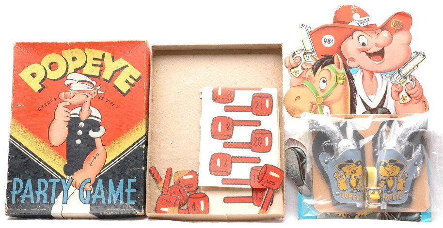Halco Toys Popeye Gun Set & Popeye Party Game: Halco Toys by the J. Halpern Co. Popeye two guns and holster set factory sealed in package. The color graphics are clean on the packaging. Also included is a Popeye WhereÕs Me Pipe? party game in a b