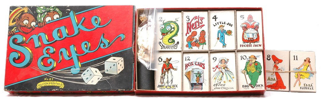 Selchow & Righter Co. no. 27 Snake Eyes Game: Selchow & Righter Co. no. 27 Snake Eyes card game with cards, dice, chips and cup all in OB. Instructions for playing the game are printed on the inside of the box lid. The box has no split corners an