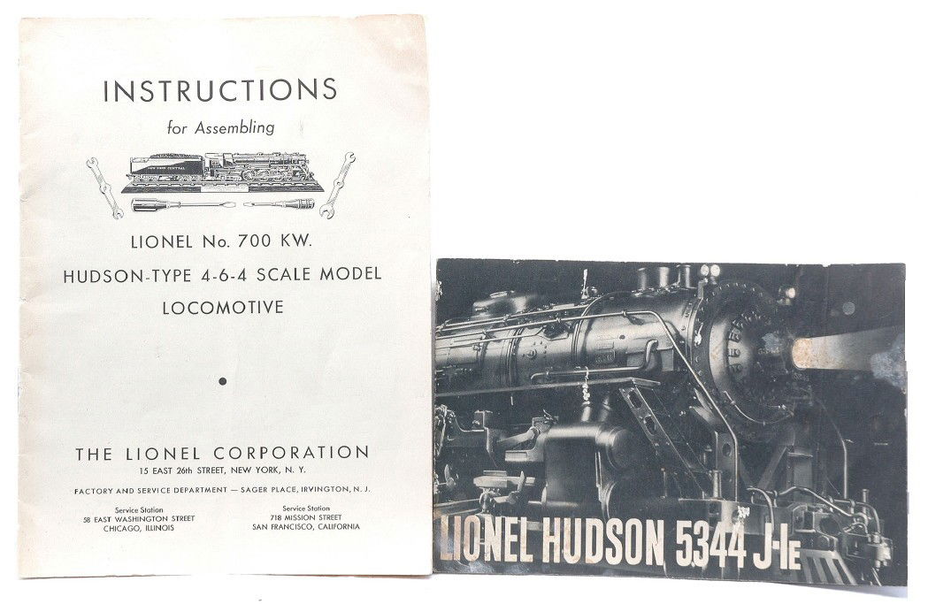 Lionel Instructions Booklets for 700KW & Hudson: Lionel prewar instruction booklet for assembling the 700KW and a Lionel Hudson 5344 J-IE booklet. The booklets are complete. The Hudson book shows some wear. The 700KW booklet is clean.