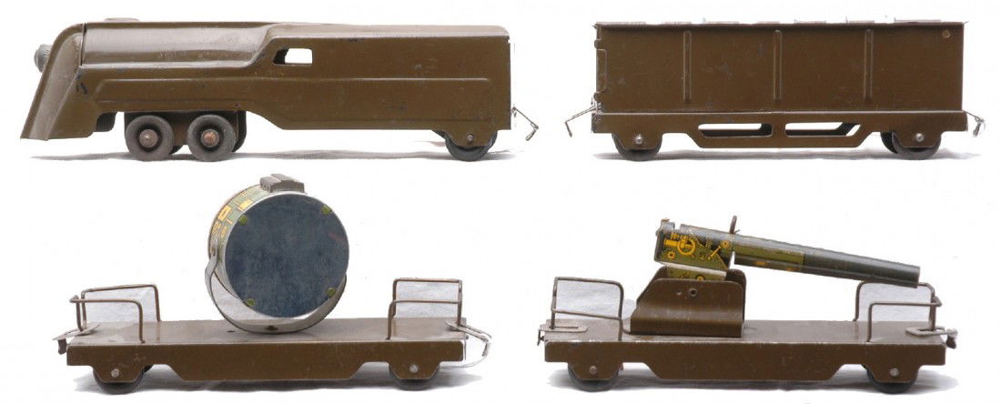Scarce Marx Lumar Olive Army Floor Toy Train: Scarce Marx prewar Lumar Lines olive drab Army floor toy train set including; integrated loco and tender with a bell, gondola with custom made wooden shell load, lithographed floodlight car with a dum