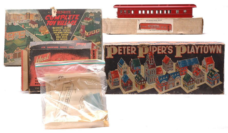Williams Golden Memories Diner Paper Town Kits: Williams Reproductions Golden Memories diner factory new in OB, C10. Also included is an Ideal tiny town building kit, Warren Paper Products Co. set no. 556 complete toy village and a Peter PiperÕs p